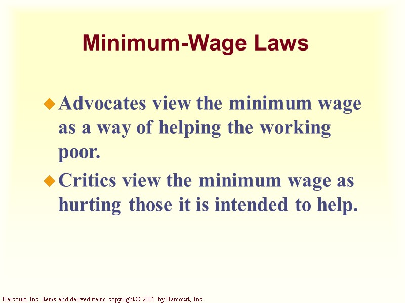 Minimum-Wage Laws Advocates view the minimum wage as a way of helping the working